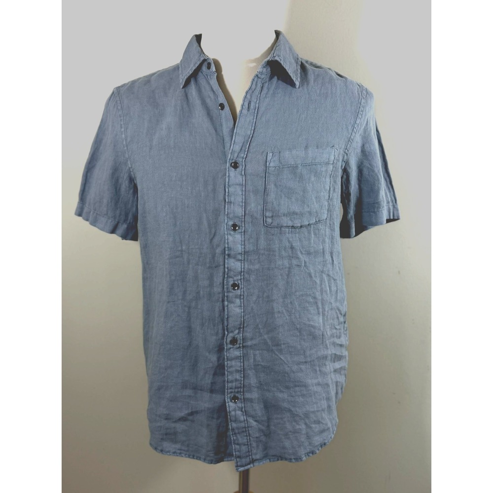 Thom Aaron 100% Linen Button Up Shirt Men Medium Blue Short Sleeve Coastal